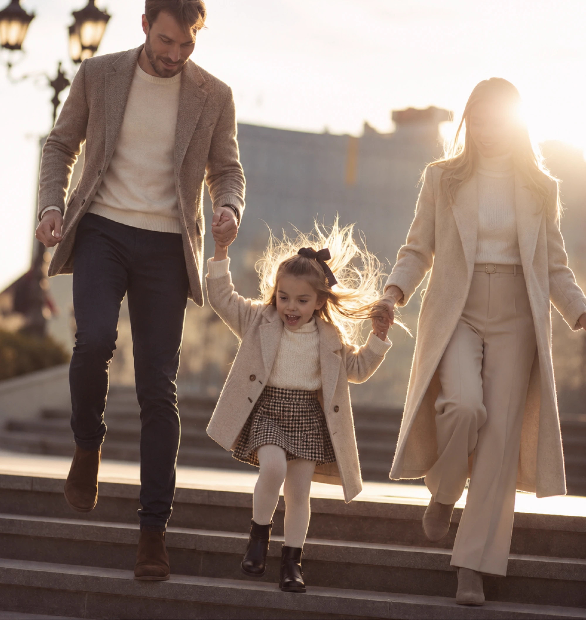 A young girl holding hands with her parents on a sunny walk